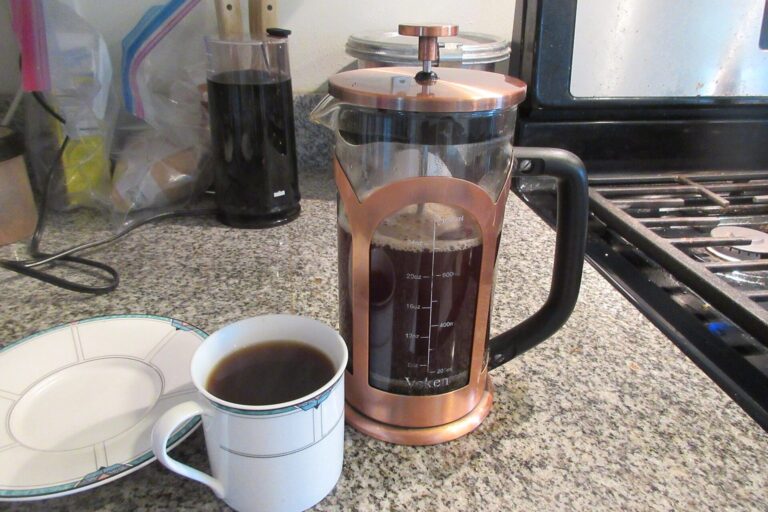 French Press mit frisch gebrühtem Kaffee und einer Tasse auf der Küchenarbeitsplatte